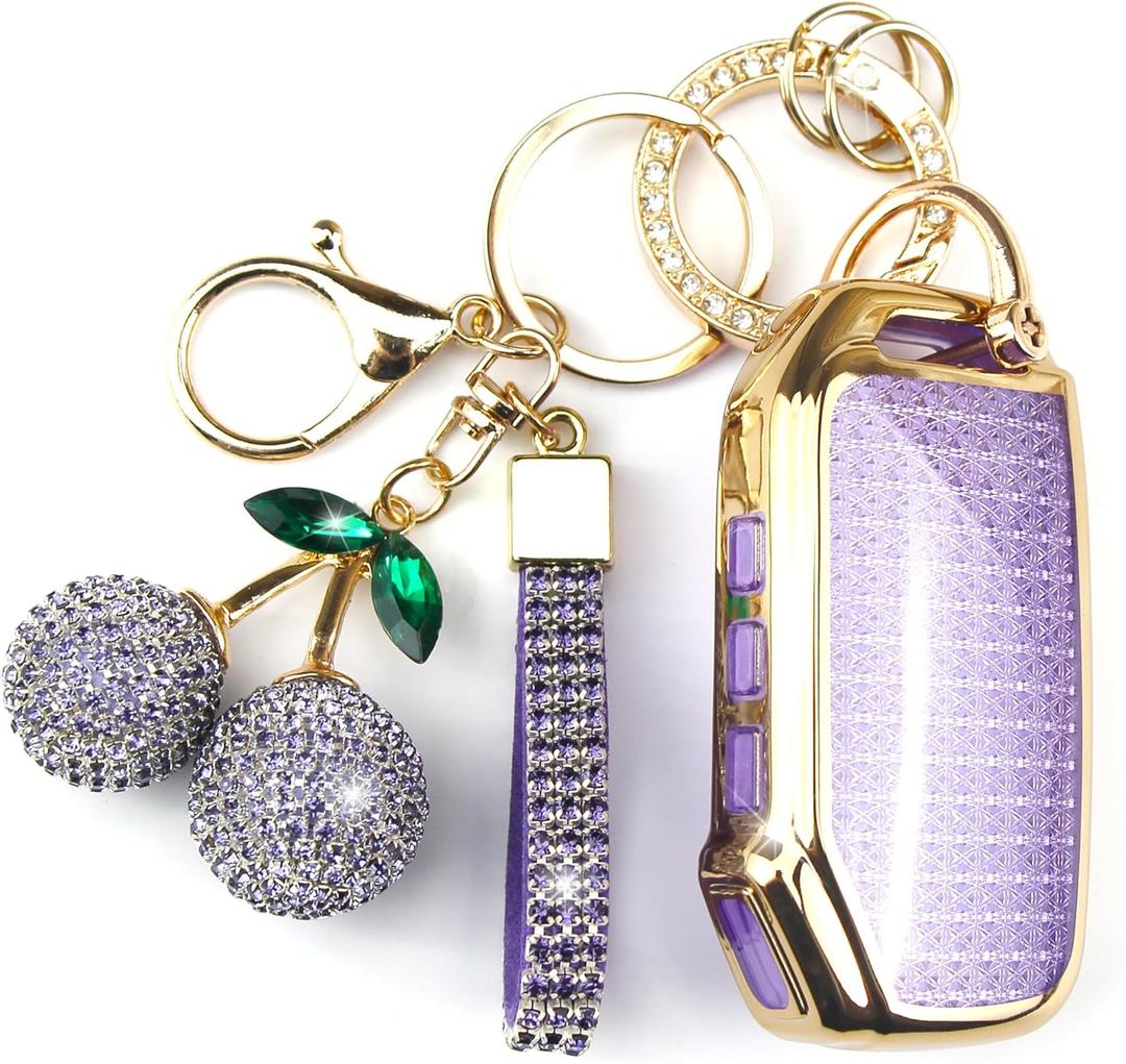 Sparkly Key Fob Cover with Cherry Keychain, Bling TPU Smart Key Case for Women, Compatible with Kia Cadenza Forte K5 NIRO Rio Seltos Sorento Soul Telluride (5-Button, Gold Purple)