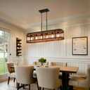 Rustic Farmhouse Wood Kitchen Island Lighting, 6 Lights Rectangular Pendant Light Fixture, Adjustable Rods Oak Wood and Metal Linear Chandelier for Kitchen Island Farmhouse Dining Room, Black