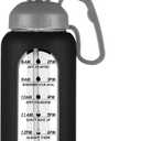 MUKOKO 64oz Glass Water Bottles with Straw, Half Gallon Water Jug with Time Marker, Sports Large Motivational Bottle with Silicone Sleeve, Black
