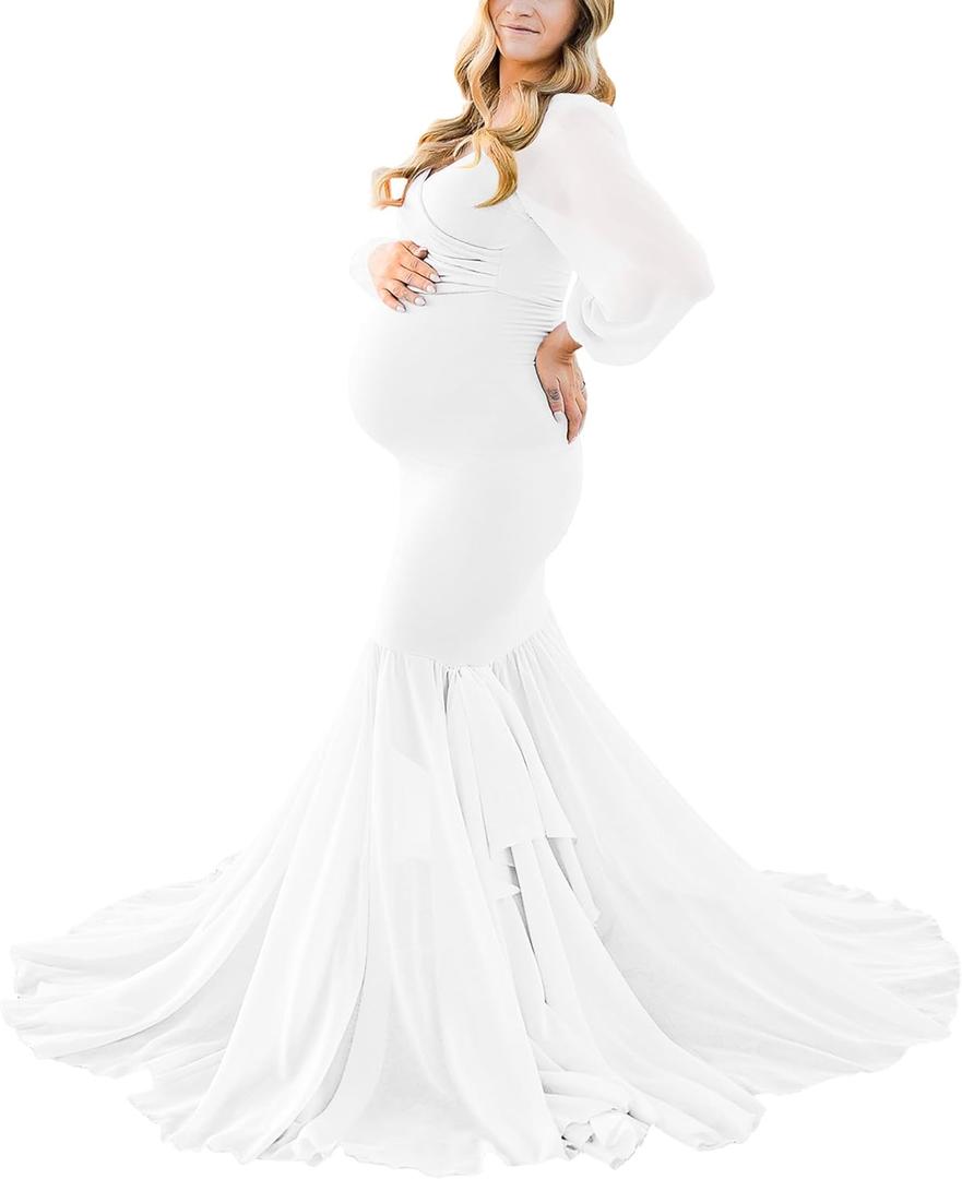 Saslax Long Chiffon Sleeve Tired Mermaid Maternity Dress for Photoshoot Photography Baby Shower (Medium, X- Off White)