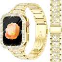 Newlibery Bling Watch Bands with Bling Case for Women Compatible with Apple Watch Band 40mm Elegant Dressy Jewelry Replacement Metal Link Wristband Protector Cover for iWatch Series 6/5/4/SE Gold