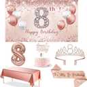 Trgowaul 8th Birthday Decorations - Rose Gold Party Set for Girls, Includes Banner, Tablecloth, Sash, Tiara & Cake Topper, Pink Gold 8 Number Balloons