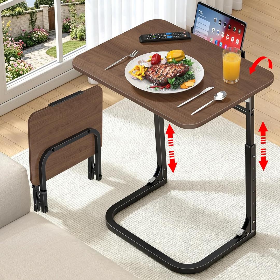 Extra Large TV Dinner Tray Table & End Table, Height & Angle Adjust Laptop Desk, Easy to Install, Foldable &Easy to Store, with Phone & Tablet Stand, for Couch, Bed, Side, Walnut Wood Desktop, Flat