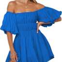 2 x Dokotoo Womens Off The Shoulder Elastic Waist Summer Dresses | Ruffle,A-Line,Square Neck,Lantern Sleeve,Wedding Guest,Bohemian,Beach Vacation,Sundresses,Casual,Pirate Dress (Blue, S)