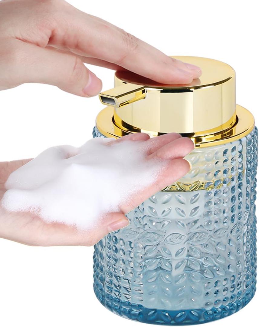 Glass Foaming Soap Dispenser,Foam Dispenser Bottle with Large Pump,Wide-Mouthed and Easy to Press,Refillable Hand Soap Dispenser for Bathroom Countertop and Kitchen Decor (1, Blue)