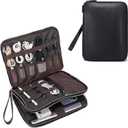 LANNSYNE Full Grain Leather Travel Cable Accessories Bag, Electronic Organizer Carry Case Double Layer Storage Case for Cables, Charger, Phone, Power Bank (Black)