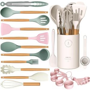 Silicone Cooking Utensils Set  AVGPD Silicone Kitchen Utensils for Cooking Wooden Handles, 446°F Heat Resistant Kitchen Utensil Spatula Sets, Gadgets for NonStick Cookware BPA FREE (Multicolour)