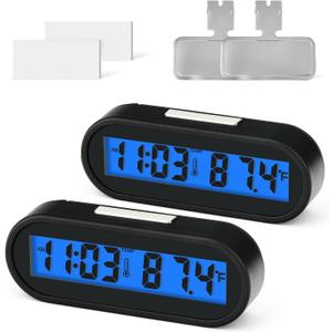MEANLIN MEASURE 2PCS Car Clocks with Temperature, Fahrenheit LED Backlight 2 in 1, Vehicle Adhesive Digital Dashboard Clock, Small Electronic Clock for Car Truck Dashboard & Air Vent