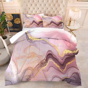Queen Pink Marble Comforter Set for Girls Kids and Women Pink and Gold Marble Bedding Set for All Seasons Aesthetic Tie Dye Comforter for Girls Bed with 1 Quilt and 2 Pillowcases