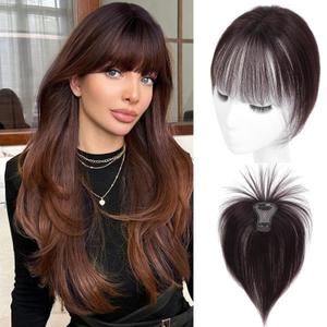 Angels Beauty Hair Toppers for Women Real Human Hair, 360 3D Cover French Bangs Hair Clip(Chestnut Brown, 3D 6 * 8 French Bangs)