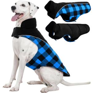 Kuoser Dog Winter Coat, Reversible Waterproof Dog Jacket with Reflective Strip, Warm Dogs Fleece Vest Adjustable Doggy Cold Weather Clothes Plaid Christmas Outfit Pet Apparel for Large Dogs, Blue XL (