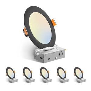 Amico 6 Pack 6 Inch 5CCT Ultra-Thin LED Recessed Ceiling Light with Junction Box, 2700K/3000K/3500K/4000K/5000K Selectable, 12W Eqv 110W, Dimmable Canless Downlight, 1050LM High Brightness,Black
