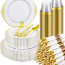 Goodluck 350 Piece Gold Plastic Dinnerware Set for 50 Guests, Fancy Disposable Plates, Include: 100 Gold Rim Plastic Plates, 150 Silverwares, 50 Pre Rolled Napkins, 50 Cups for Party, Wedding
