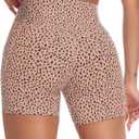Womens High Waisted Biker Shorts with Pockets for Athletic Yoga Gym Running Workout Summer (Medium, Blush Beige Leopard)