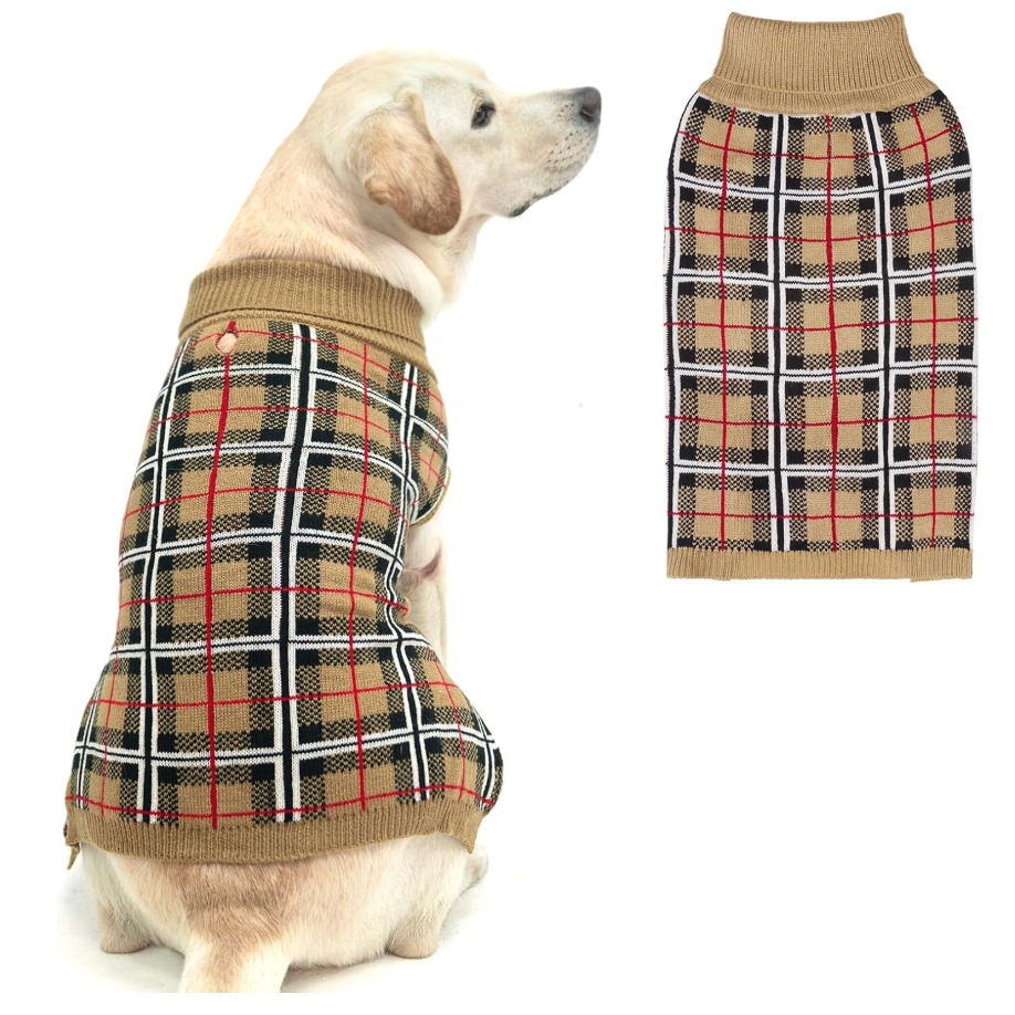 PUPTECK Dog Sweaters for Large Medium Small Dogs - Fall Classic Plaid Style Puppy Holiday Winter Coat Clothes Warm