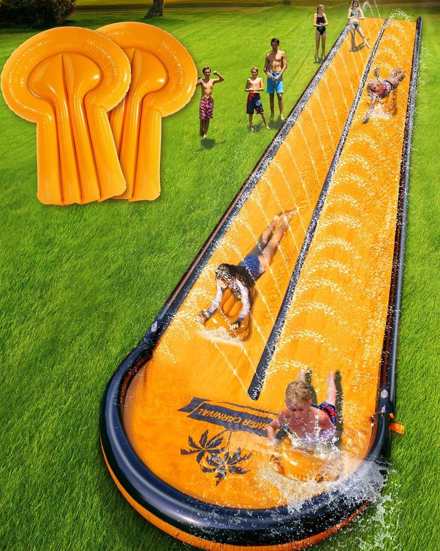 32ft Slip Water and Slide for Kids Adults, Extra Long Backyard Water Slide for Kids Ages 5-8 8-12 with Pool and 2 Inflatable Bodyboards, Summer Outdoor Games Water Toys, 32ft-Double Lane