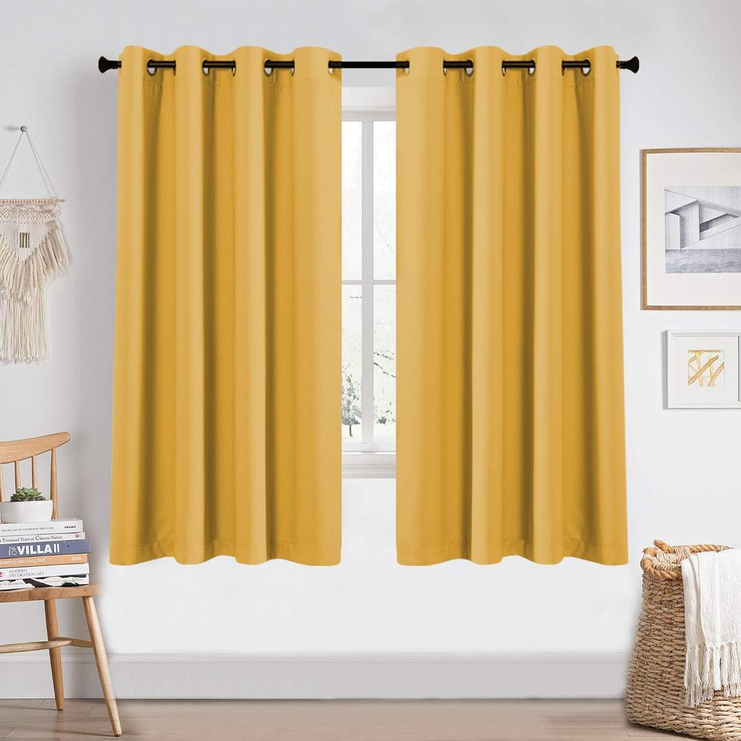Blackout Yellow Curtains 63 Inches Long for Girls Room Bedroom Window Treatment Thermal Insulated Room Darkening Grommet Summer Kids Mustard Yellow Curtains Drapes for Living Room 1 Pair 52W x 63L