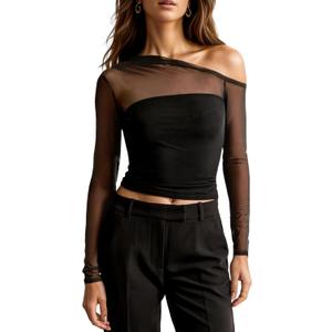 Off The Shoulder Tops for Women Y2k Going Out Long Sleeve Crop Top Trendy Mesh Sheer Sexy Shirts Blouses (Medium, Black)