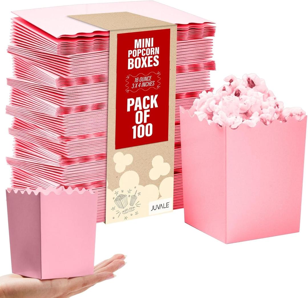 Juvale 100 Pack Mini Popcorn Boxes, Pastel Pink Reusable Popcorn Containers for Movie Nights, Parties, Birthdays, and Events  Durable Plastic Popcorn Buckets, 16 oz, 3 x 4 in Popcorn Holders