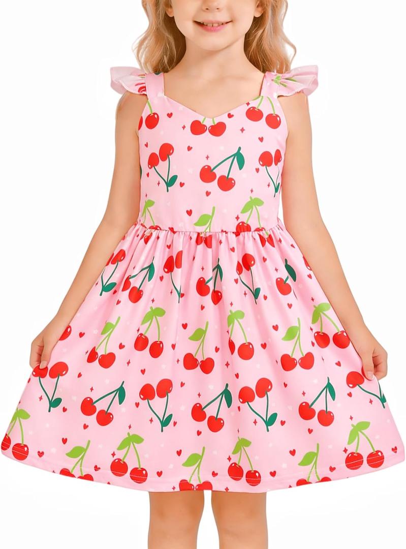 Toddler Girl Summer Dresses Kids Flutter Sleeve Casual Dress Vibrant Color Sundress, 3T, Dinosaur/Pink