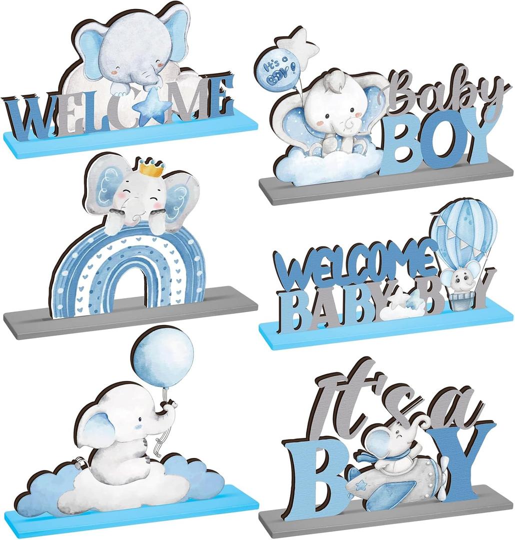 DoubleFill 6 Pcs Gender Reveal Decor It's a Boy Baby Shower Decoration Elephant Party Wooden Table Sign Blue Welcome Baby Centerpieces for Boy Birthday Pregnancy Announcements Newborn Party