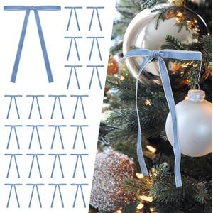 SIMISI RIBBON 24 Pcs Light Blue Velvet Christmas Tree Bows Door Garland Decor Vintage Wreath Bow (3/8'' Wide, 5 * 7 inch)