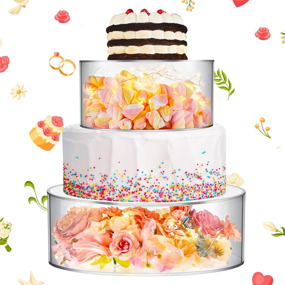 Sunnyray 2 Pcs Acrylic Cake Stands for Dessert Table Clear Fillable Cake Riser Cupcake Tier with LED Strings for Birthday Wedding Holiday Party Display(6'', 8'')