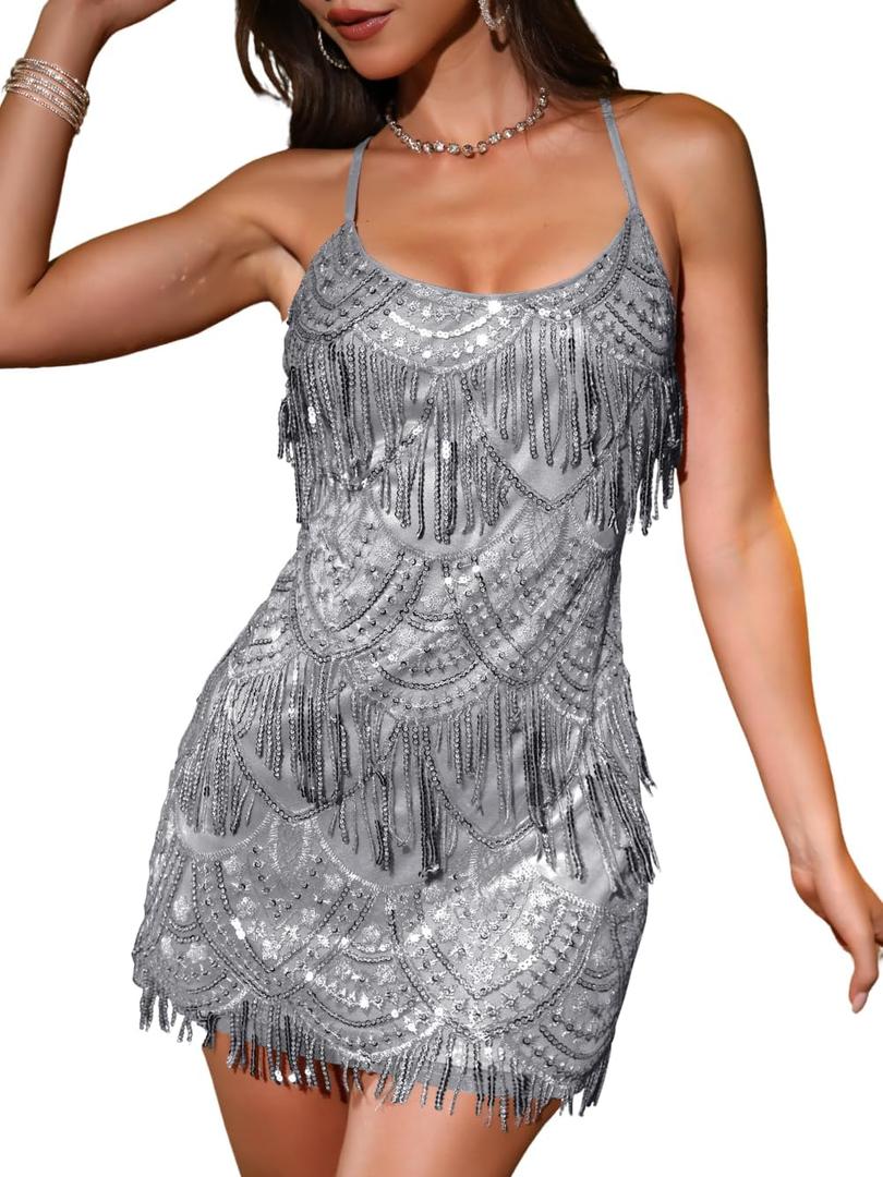 Kaei&Shi Sequin Mini Dress, Sparkly Fringe Cocktail Party Dresses for Women, Homecoming Disco Dance Outfits Silver Grey X-Large