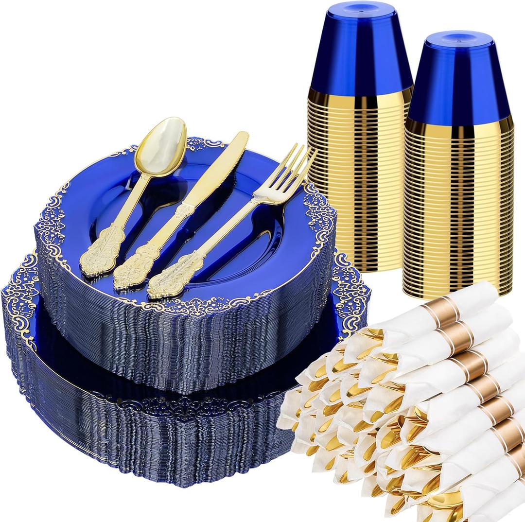 Bestluck 350 PCS Blue and Gold Plastic Plates, Disposable Dinnerware Set for 50 Guests, 100 Disposable Plates, 150 Silverwares, 50 Cups, 50 Napkins for Wedding, Party, Graduation