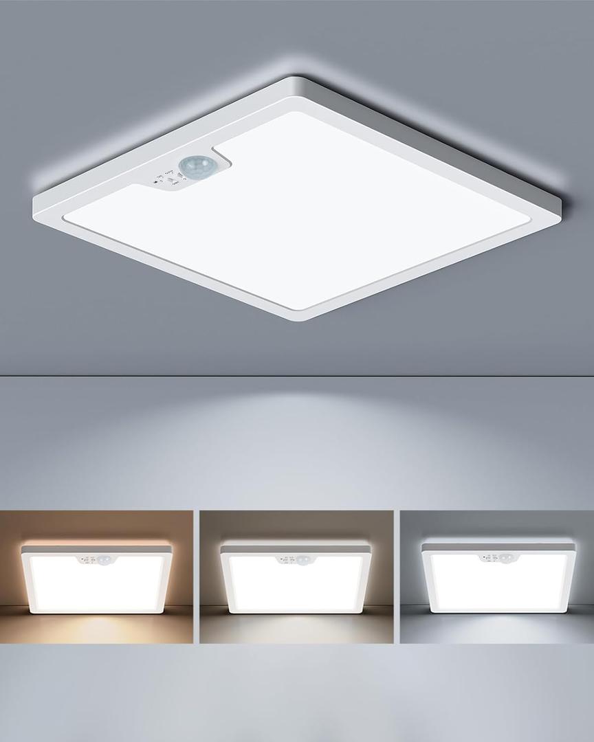 Annaror 12in Motion Sensor Ceiling Light Wired, 3000K 4000K 5000K Selectable, 24W Flush Mount Square Motion Ceiling Light with 3 Timer for Closet Porch Stairs Hallway, White