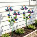Solar Wind Spinner Outdoor Metal Garden Decor – 2-in-1 Kinetic Double Lotus Flower Stake with Glowing Fiber Optic Lights, Multi-Color Spinning Yard Art Sculpture for Patio, Lawn, and Pathway