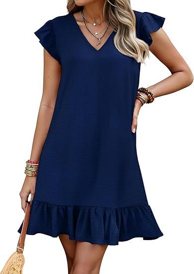 Women's Summer Mini Dress Flutter Sleeve V Neck Casual Loose Swimsuit Cover Up Flowy Ruffle Beach Vacation Sundresses XL