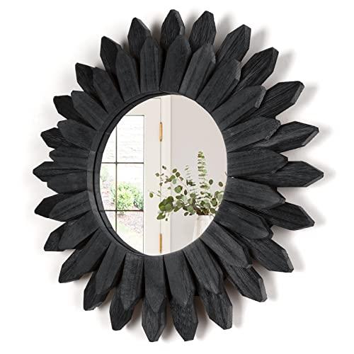 Honiway Black Wall Decor Wall Mirror 12 inch Boho Wall Decor Wood Decorative Mirror for Room Decor Home Decor for Bedroom Living Room Bathroom Kitchen Black