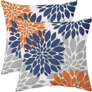 Navy Blue Orange Pillow Covers 18x18 Set of 2 Fall Colored Grey Gray Dahlia Flower Outdoor Decorative Throw Pillows Autumn Themed Farmhouse Pillowcases Linen Cushion Case Decor for Sofa Couch Bed