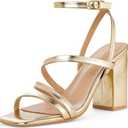 Elisabet Tang Women's Strappy Chunky Heels Sandals, Ankle Strap 3 inch Mid Block Heels Lace up Square Open Toe Thick Heeled Sandals Shoes (8.5, Gold)