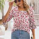 Poetsky Women's Casual 3/4 Sleeve Tops Summer Square Neck T Shirts Ruffle Loose Fit Tunic Blouses (M)