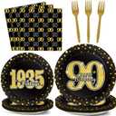 96PCS 90th Theme Birthday Party Tableware Vintage 1935 Party Supplies 90 Year Old Birthday Party Decorations Plates Napkins Forks Black and Gold Dinnerware Favors for Men or Women