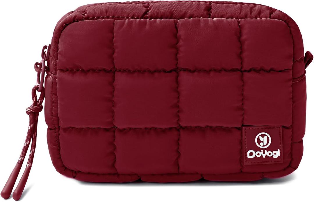 Quilted Cosmetic Bag, Puffer Makeup Bags, Crossbody Purses for women,Cute Travel Toiletry Bag for Women (Wine Red)