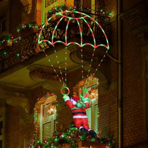 Christmas Decorations Lights Outdoor, 2.8ft LED Christmas Parachute Lights with Santa Claus, 8 Modes & Timer Battery Operated Hanging Xmas Lights for Roof Eave Balcony Home Garden Decor (Red Green)