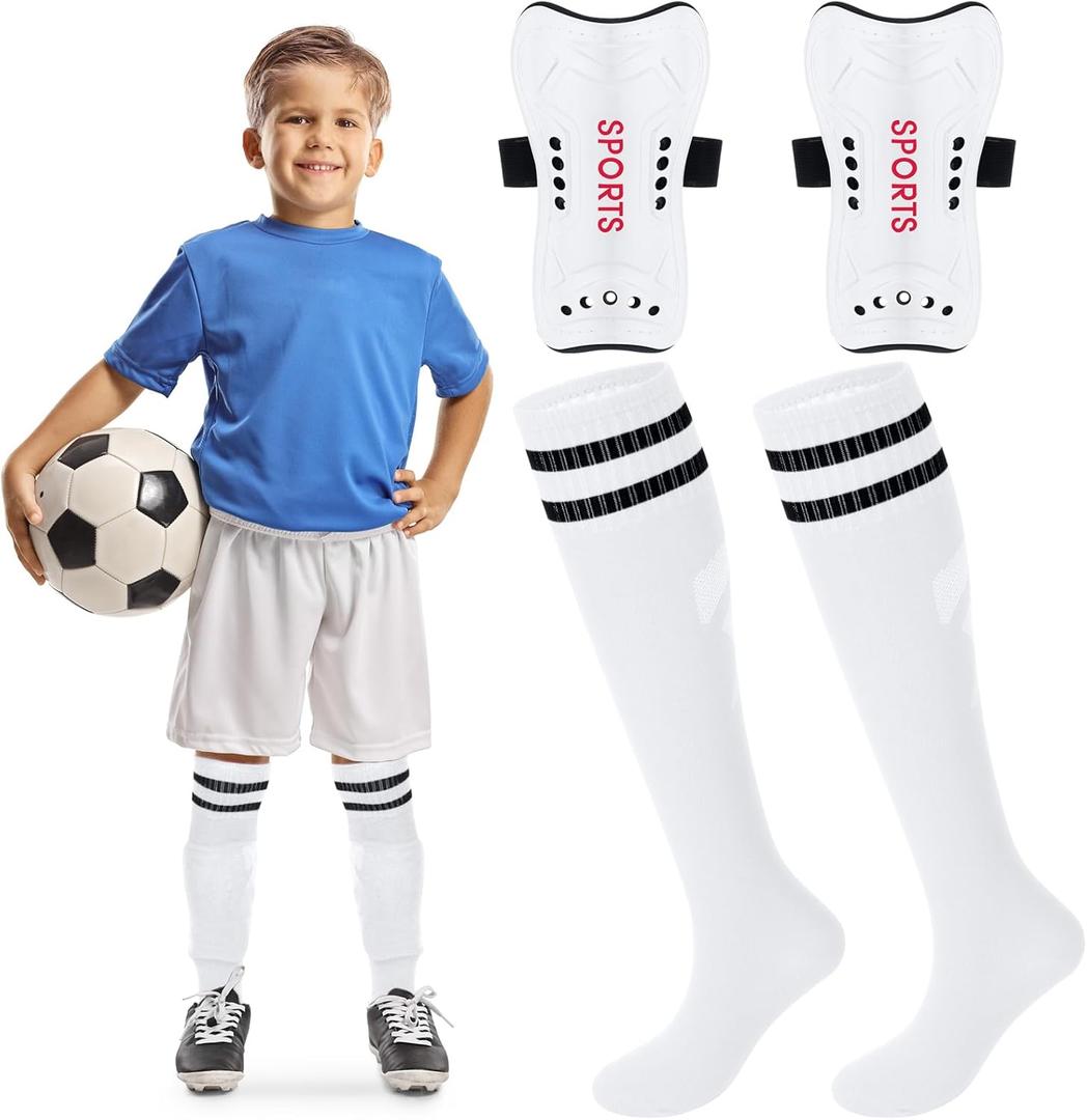 Syhood Soccer Shin Guards and Socks for Toddler Kids Youth, Lightweight Soccer Shin Pads Protective Soccer Gear for 3-5, 5-10, 10-15 Years Old Children Teen Boys Girls Soccer Game (White, S Size)