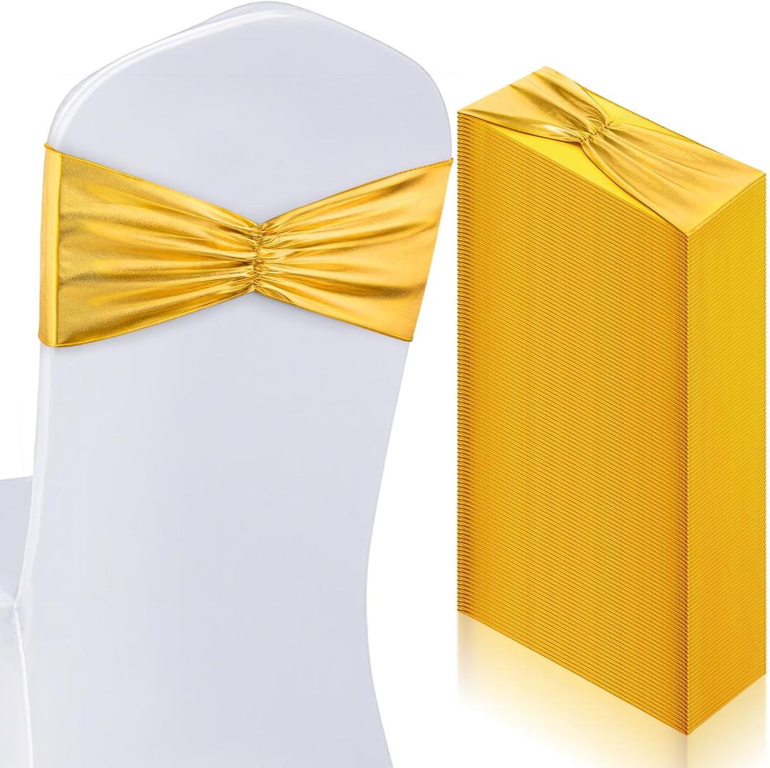 Hahafelt 50 Pcs Chair Sashes Shiny Bow Spandex Bands for Chair Wedding Banquet Parties Reception Restaurant Decoration (Gold)