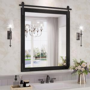 Farmhouse Bathroom Mirror, 28x36 Inch Black Vanity Mirror for Wall, Wood Framed Rustic Mirror Rectangular Wall Decor Mirrors for Entryway Living Room Bedroom