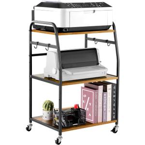 Printer Stand - Large 3 Tier Printer Table with Adjustable Storage Shelf - Rolling Cart with Wheels -Stable Desk for Home Office Use (Rustic Brown)