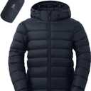 ASPO Men's Packable Puffer Jackets Winter Lightweight Detachable Hood Water-Resistant Down Coats Warm Insulated Hiking Travel (X-Large, Navy Blue)