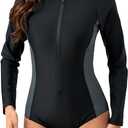 Halcurt Women's One Piece Rash Guard with Built in Bra UPF50+ Zip Long Sleeve Surfing Athletic Swimsuit XL