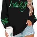 FAYALEQ Women St Patrick's Day Sweatshirt Sequin Shamrock Pullover Irish Sweatshirt Crewneck Long Sleeve Top (Black, M)