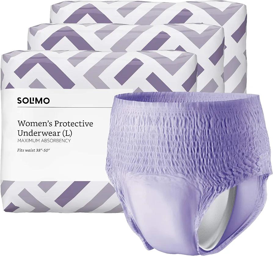 Amazon Brand - Solimo Incontinence & Postpartum Underwear for Women, Maximum Absorbency, Large, 54 Count, 3 Packs of 18, Lavender