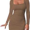 Women's Square Neck Short Sleeve Summer Ruched Bodycon Mini Dress Side Drawstring Clubwear Casual Dresses (Blue, M)