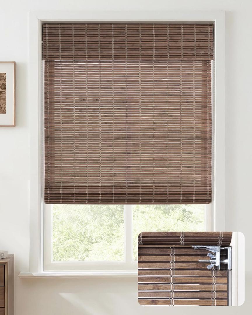 UNISHADES No Drill Cordless Bamboo Roman Shades, 28×48 in, Driftwood