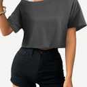Remidoo Off The Shoulder Tops for Women Short Sleeve Crop Top Distressed Ripped T Shirts Loose Tee Grey Large (Gray, L)